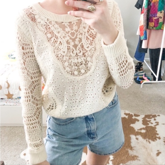 Free People Cream Crochet Knit Eyelet Lace Sweater - Picture 5 of 8